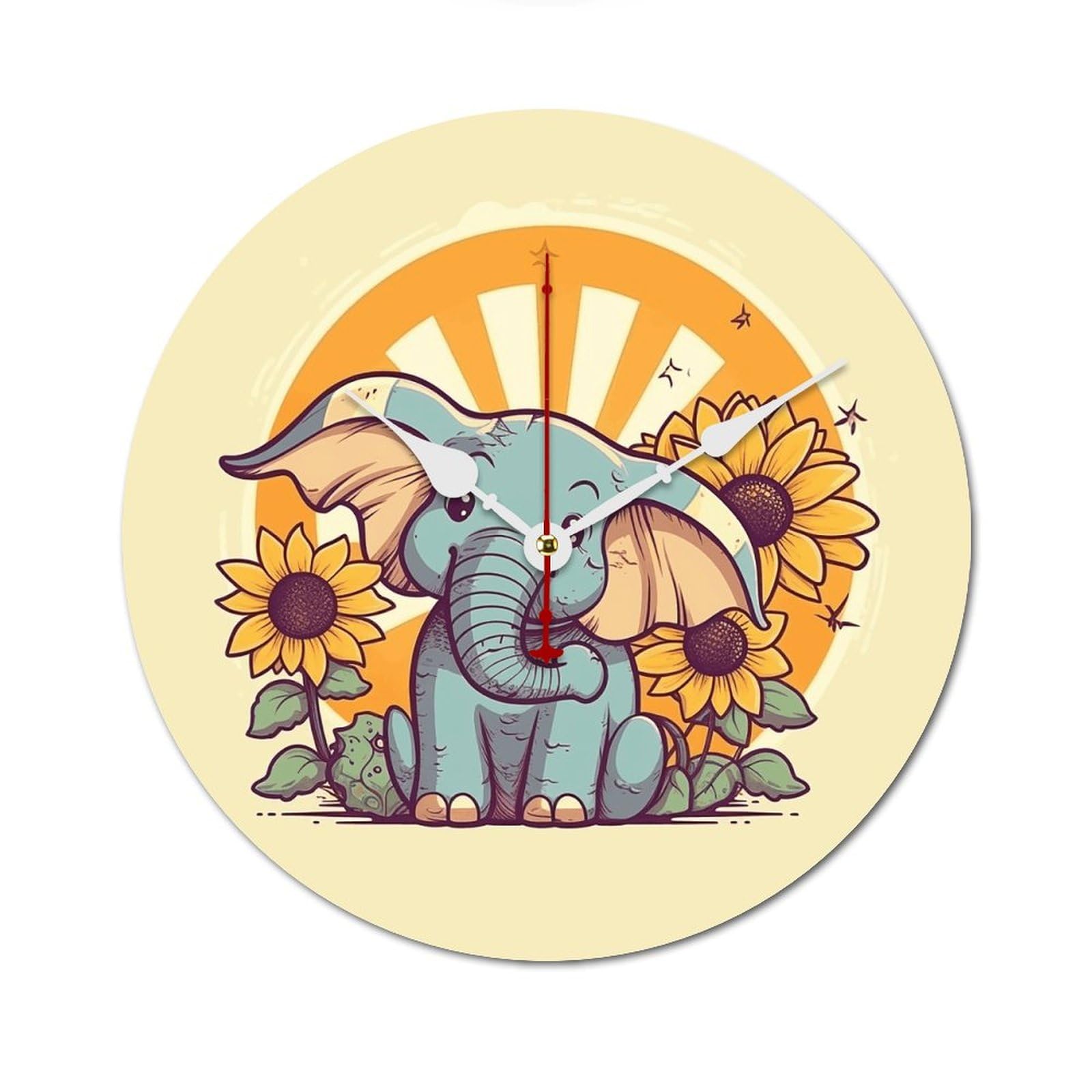 Horloge murale bois éléphant déco moderne ronde sans tic-tac