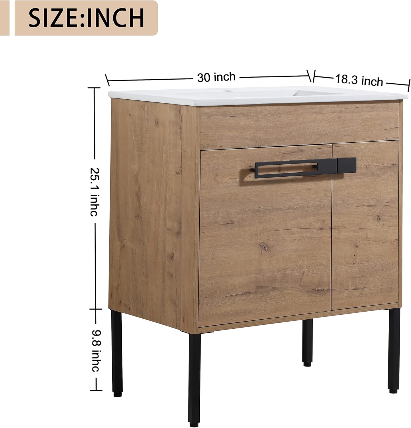 30 Inch Bathroom Vanity with Sink, 30" Freestanding Bathroom Vanity, Premium Plywood Wooden Cabinet with Metal Legs, Solid Ceramic Sink, Soft Close Doors, Modern Floor Stand Cabinet Set, Oak