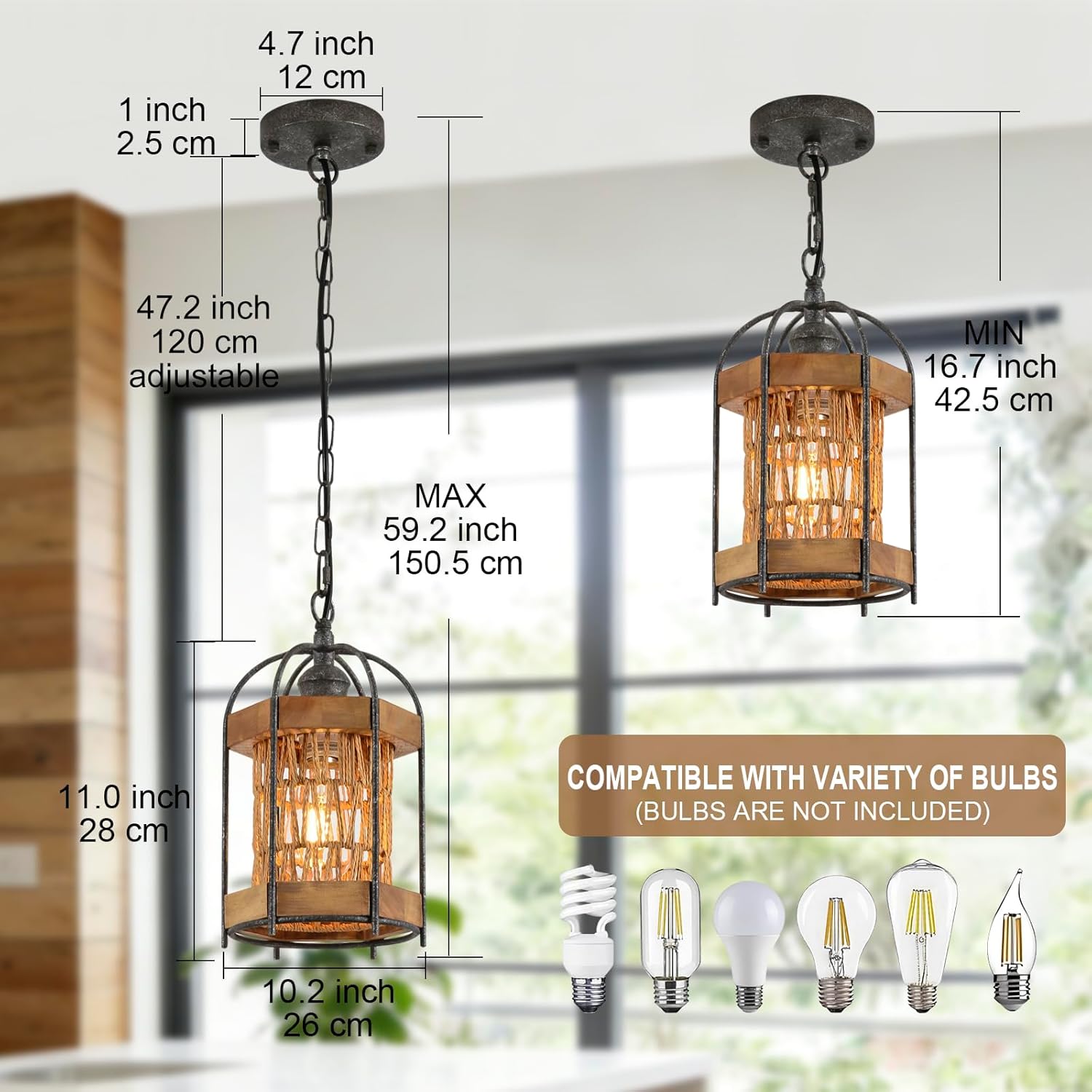 Rustic Wood Pendant Light Fixture, Farmhouse Woven Ceiling Hanging Fixture with Natural Rattan Lampshade, Boho Chandelier for Kitchen Island Sink Hallway Bathroom Bar Foyer, Height Adjustment, ZD8012
