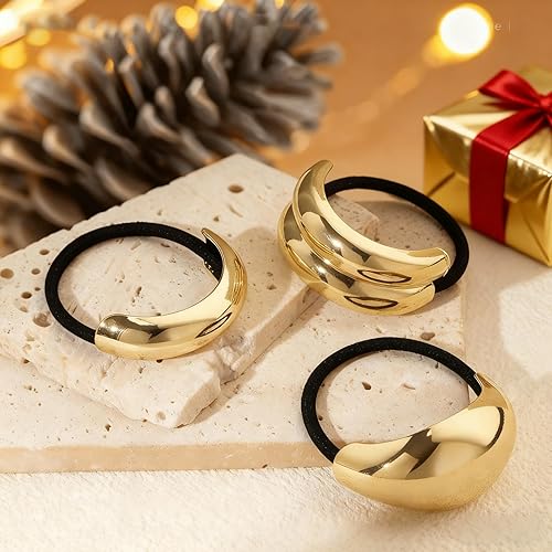 Miniatura 8 de 3 ligas doradas para el cabello, ligas metálicas para cabello grueso, diseño geométrico elegante y duradero, accesorios para el cabello dorado,