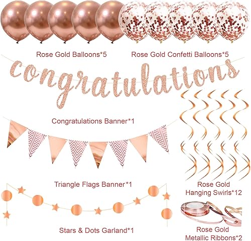 Miniatura 2 de Rose Gold Congratulations Decorations Set Congratulations Banner,Pennant,Star Circle Dots Garland,Hanging Swirls.Baby