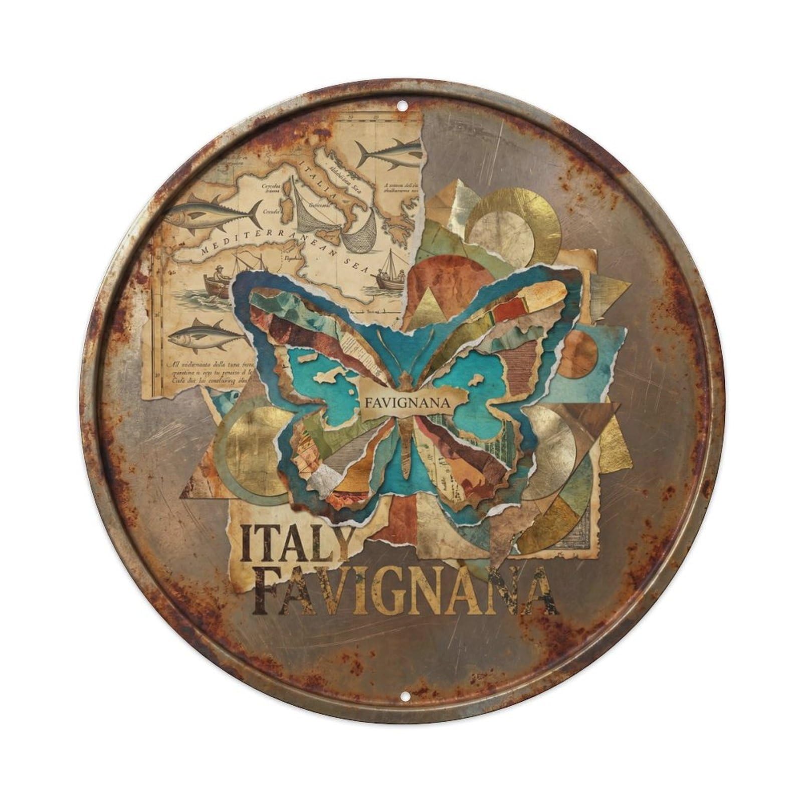 Favignana Tuna Italian Graphic Collage Classic Scenery Metal Tin Sign