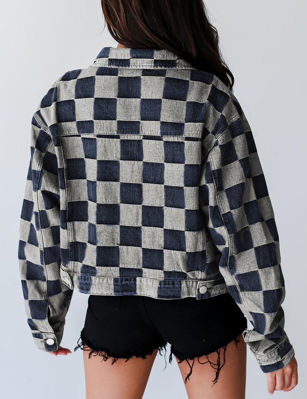 Ecosunny Womens Casual Long Sleeve Button Down Shirt Jacket Checkered Patchwork Denim Jacket Lightweight Coat Tops