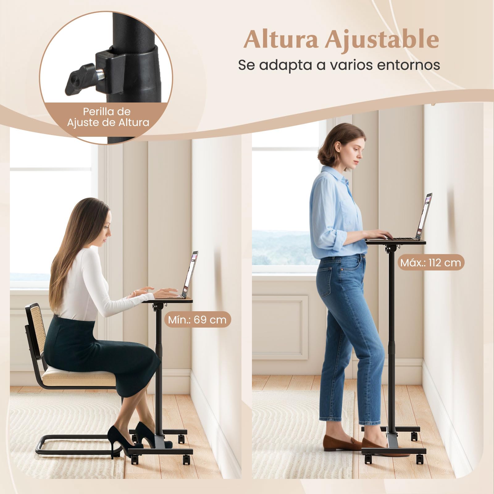 GYMAX Mesa Auxiliar en Forma de C, Mesa Lateral con Ruedas Bloqueables, Altura Ajustable, Encimera Inclinable y Giratoria de 360°, para Cama o Sofá, Sala de Estar, Dormitorio (Gris + Negro)