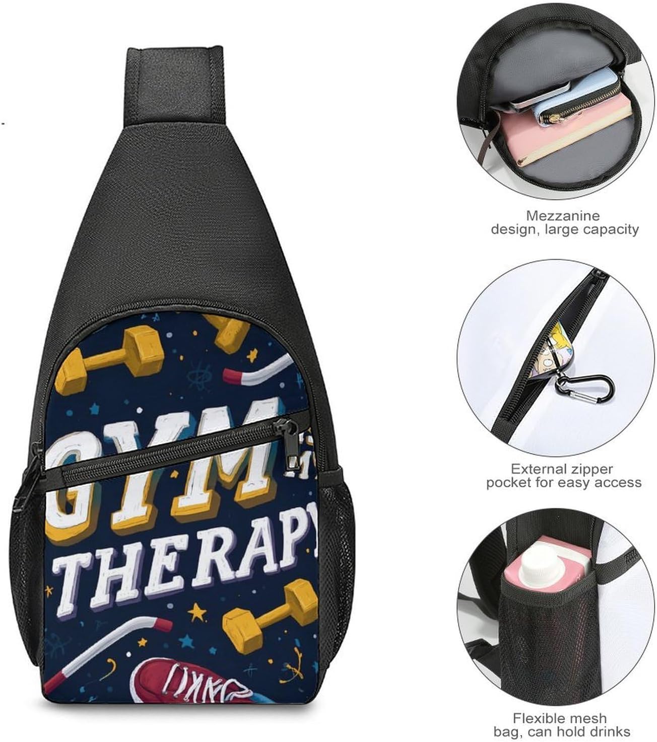 Gym Is My Therap Crossbody Sling Backpack Chest Bag Daypack | unisex,trendy,with convertible and detachable shoulder strap,side pockets