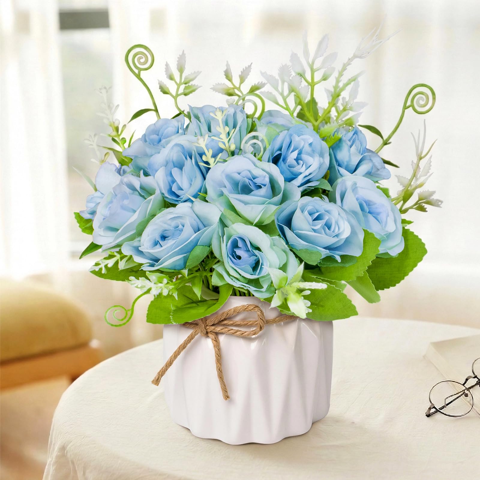 Mandarooker Fake Flowers with Vase,Blue Roses Artificial Flowers in Vase
