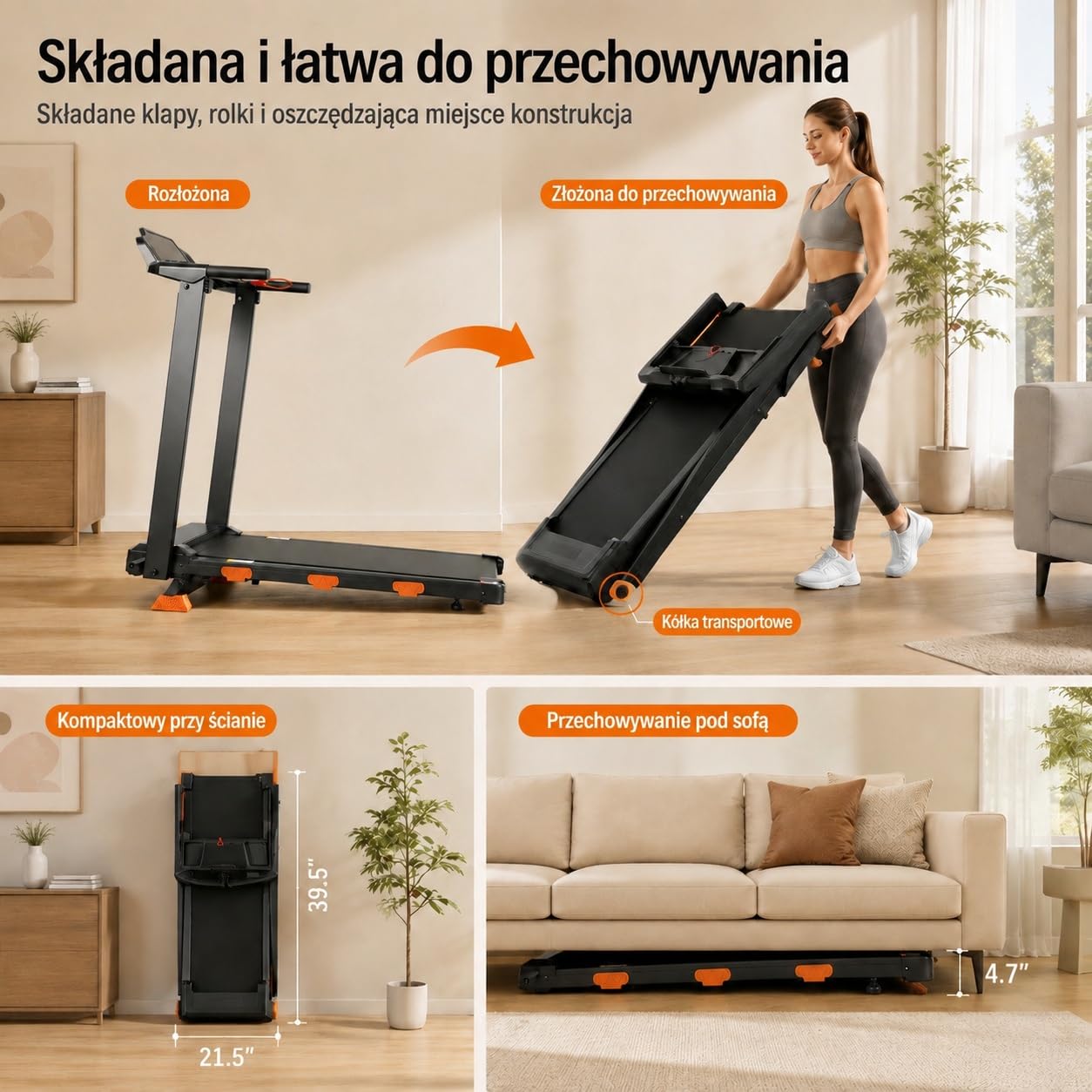 składana bieżnia do domu, Walking Pad 12 km/h z nachyleniem 12%, silnik 3.0 HP, wyświetlacz LED, do 138 kg, do chodzenia, joggingu i biegania