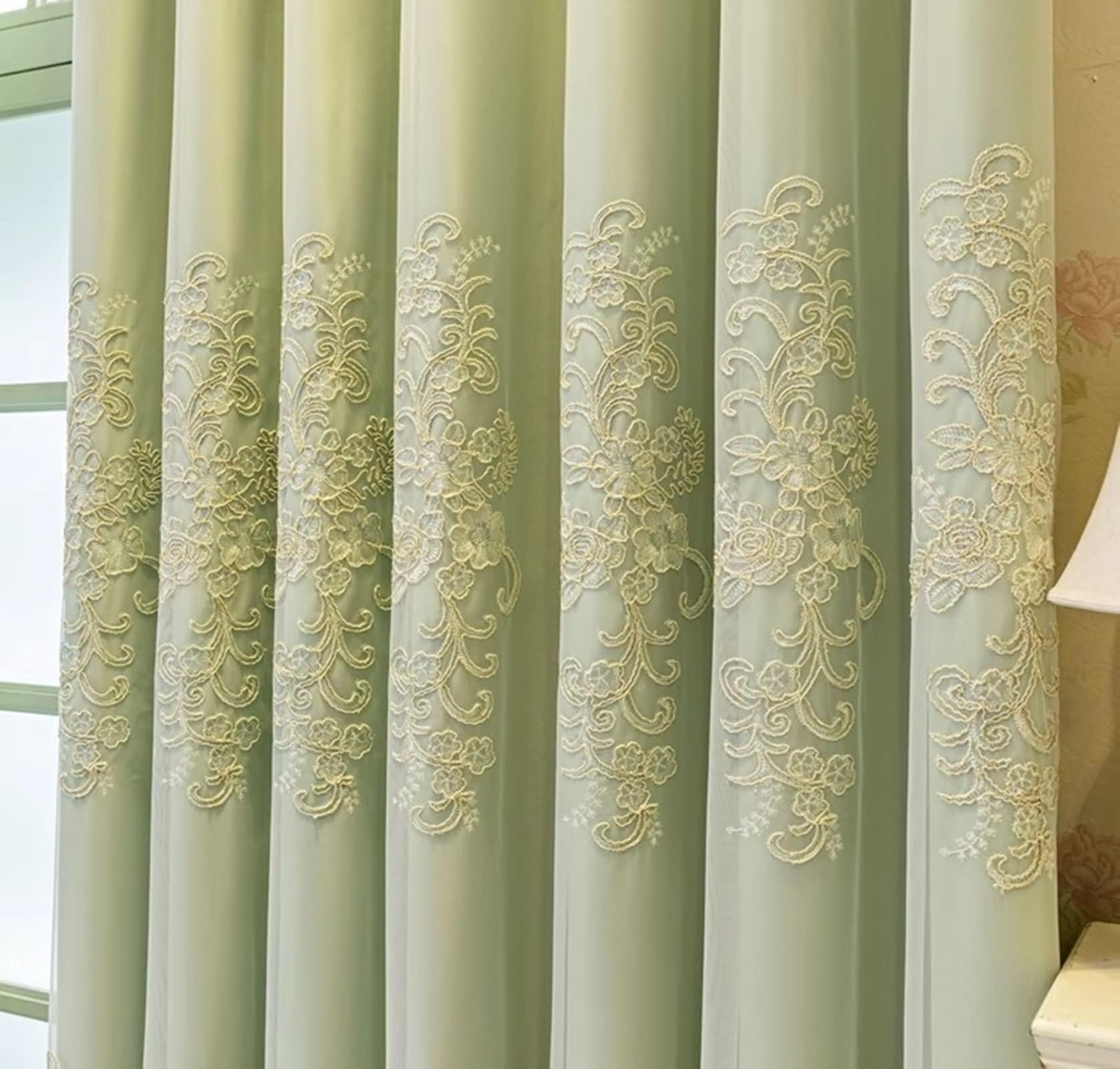 Tenda Oscurante Finestra, 132x115cm Ricamo in pizzo doppio strato Tenda oscurante per l'oscuramento della stanza, Pleat Hook, Verde