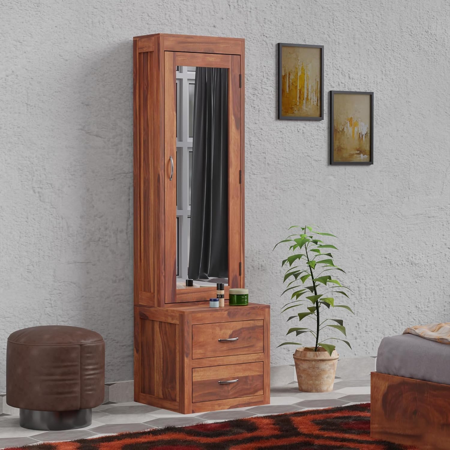 - Solid Sheesham Wood Dressing Table with Door Storage | Dressing Table with Mirror, Storage, Drawer, Shelves | (Honey Finish)