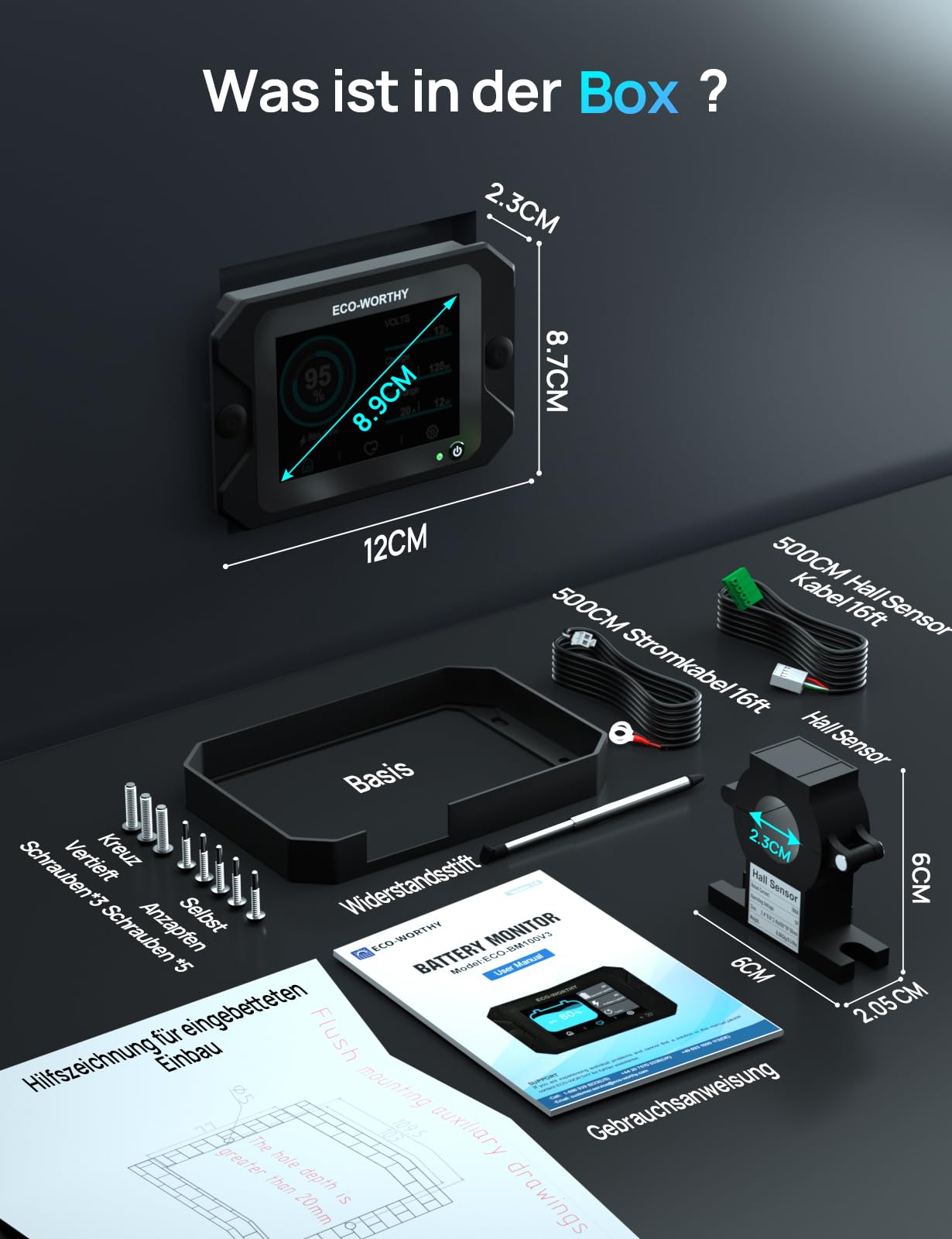 ECO-WORTHY aufgerüstet Batterie Monitor 300A 12V/24V/36V/48V,3,5" Touchable Display Batteriemonitor mit Alarm,9-80V Li-Ion/LiFePO4/Gel-Batterien Batterietester für Wohnmobile, Solaranlagen