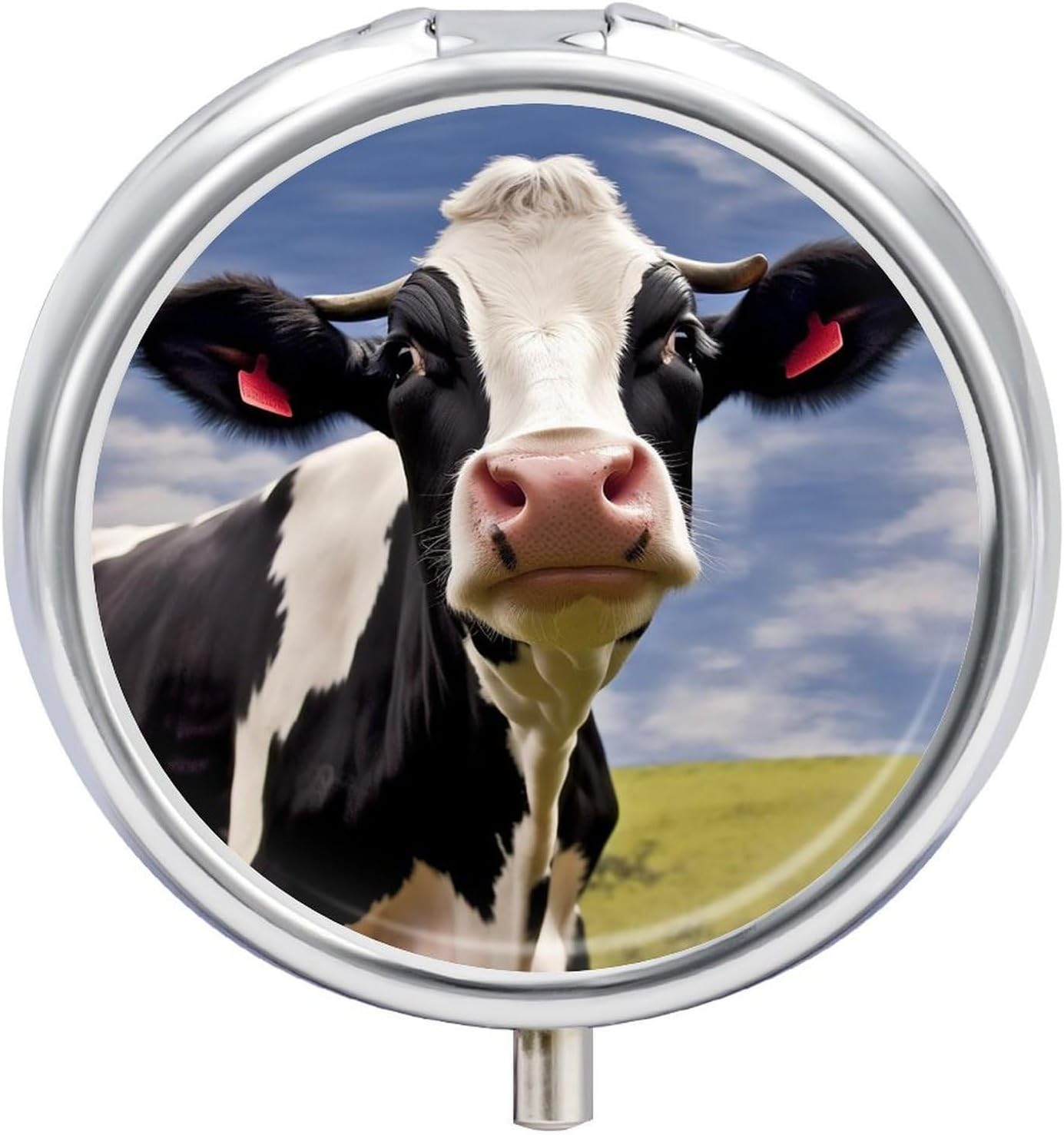 Black White Cow Pill Box 3 Compartment Waterproof Pill Case with Mirror Portable for Purse Pocket Daily Medicine Vitamin Organizer Travel Med Container Holder for Fish Oil Supplements