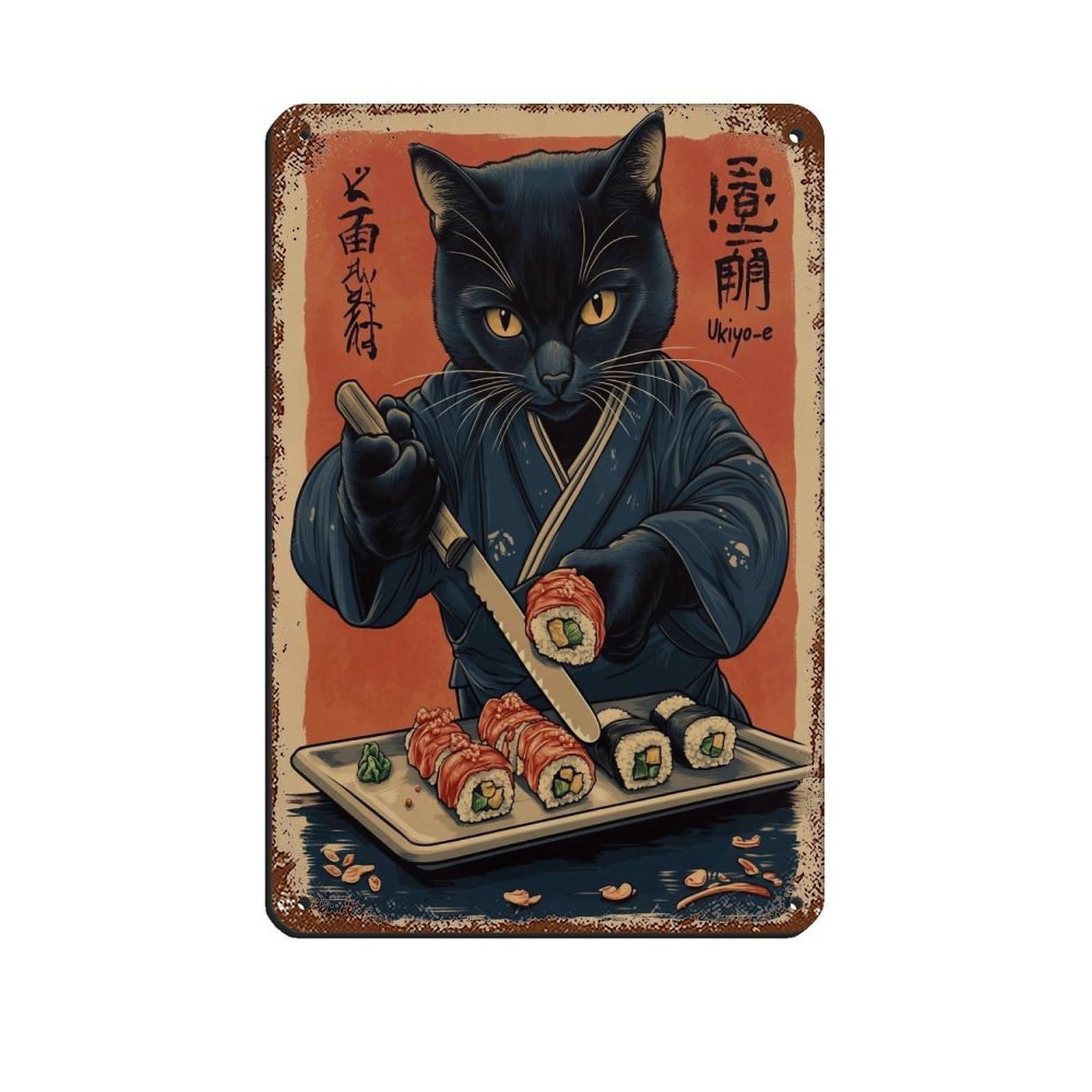Lxwnze 20L X 30W Cm Cat Sushi Chef Art Poster, Retro Poster Metal Tin Sign Chic Art Retro Iron Painting Bar People Cave Cafe Family Garage Poster Wall Decoration 8X12inch(20X30cm)