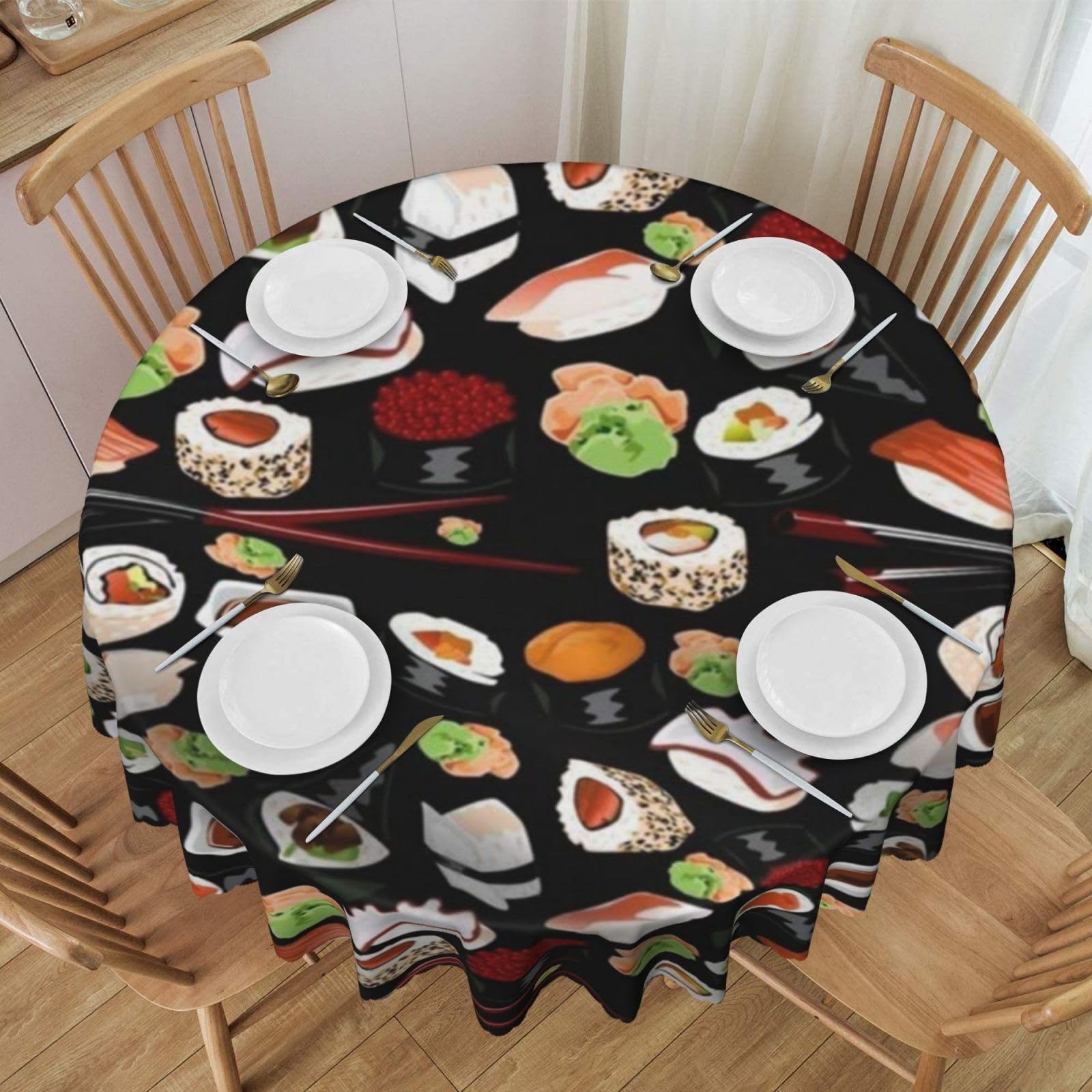 DCEHGEW 60 In Round Tablecloth with Lace, Japanese Sushi Black Printed Oilproof & Washable Fabric Picnic Table Cloth Table Covers