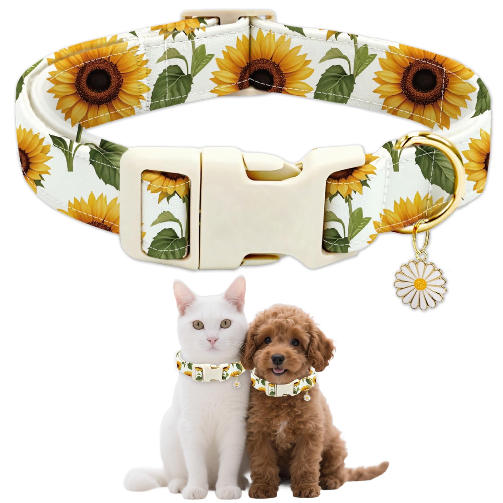 GLOBLELAND Sunflowers Patterned Dog Collar for Daily Pets Florals Plants Puppy Collars Yellow Adjustable Soft Pet Scarf with Quick Release Buckle for Small Dogs Walking Running