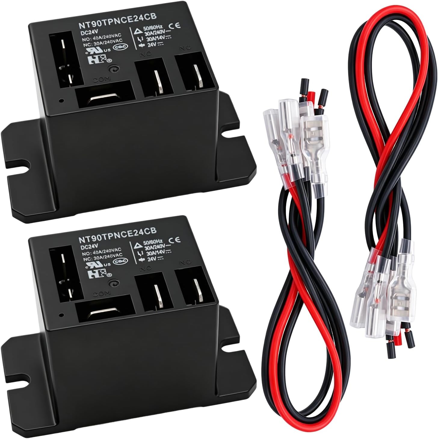Tnisesm 2PCS Power Relay DC24V Coil, 30A SPDT(1NO 1NC) with Flange Mounting and 10 Quick Connect Terminals Wires Mini Relay NT90-DC24V-10X
