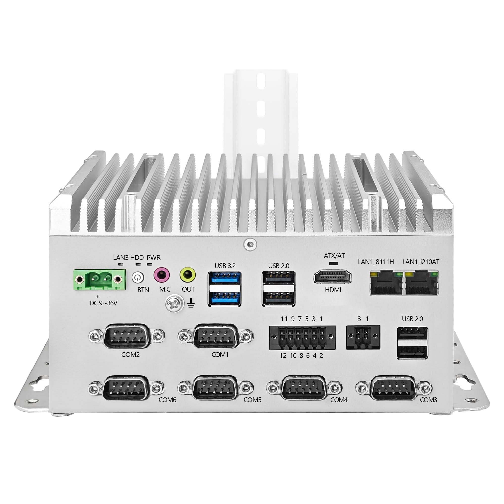 CWWK Mini komputer bez wentylatora, przemysłowy mini komputer, J6412 CPU, 6 x COM RS232/RS485/RS422, szyna DIN Micro Embedded PC, 2 x Gigabit LAN, GPIO, SIM, 9-36 V, bez RAM/SSD/OS