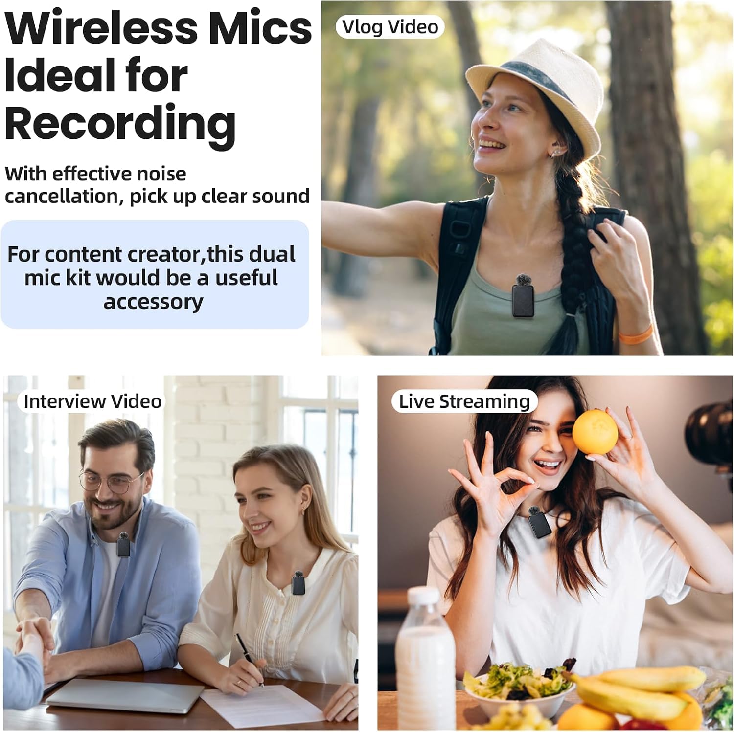 Microfono Inalambrico Solapa, Mini Microfono 2.4GHz 2Pcs | Compatible con iPhone Movil Cámara, para Videocámara Youtube Facebook Twitter TIKTok, Cancelación de Ruido AI