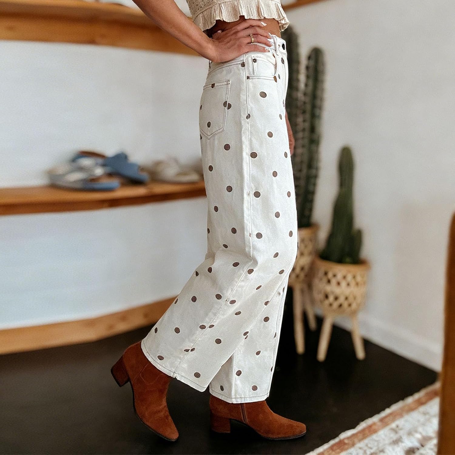 Giraropa Women Polka Dot Barrel Jeans Trendy Mid Rise Baggy Wide Leg Denim Pants Casual Trousers Streetwear
