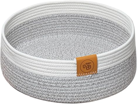Pet Cat Basket Bed, Cotton Rope Scratcher Nest, Indoor Sleeping Mat, Comfortable Scratching Board, Soft and Cozy, 16" Diameter, for Cats and Small Pets, Yellow, White
