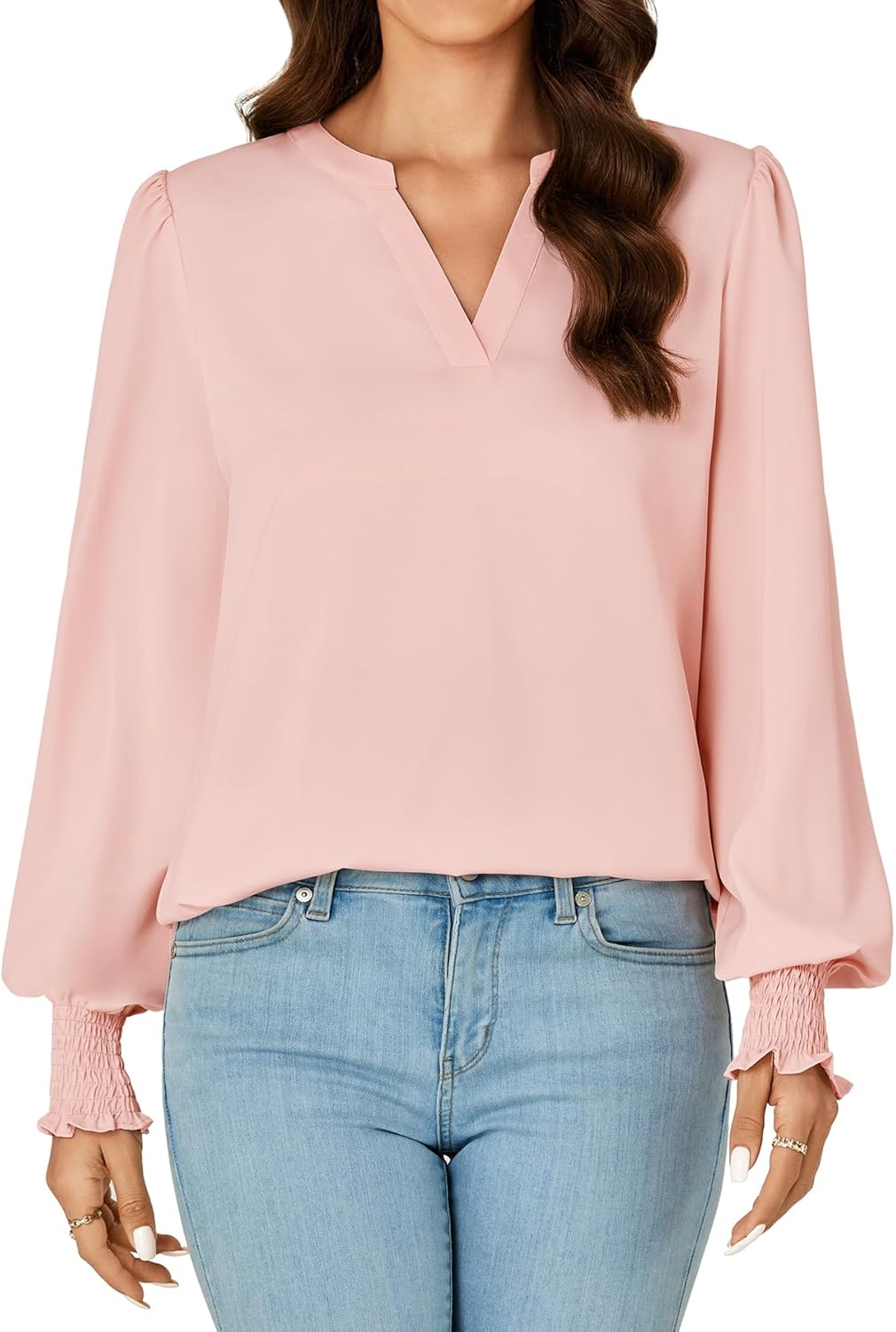 Rooscier Women's V Neck Puff Flounce Long Sleeve Dressy Casual Tunic Blouse Top - Image 2