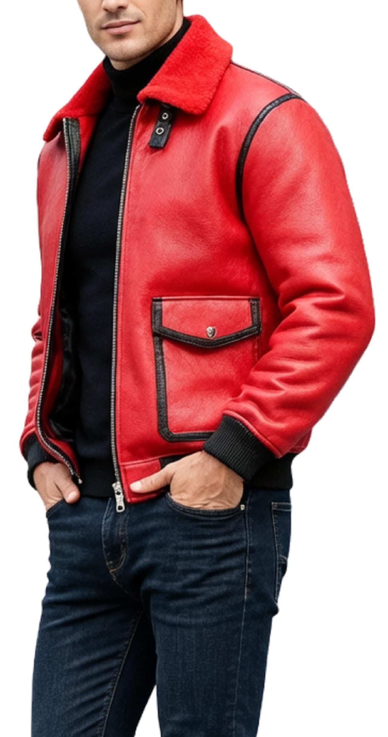 Chaqueta bomber de aviador de cuero rojo para hombre, cuello de piel sintética de oveja estilo B3
