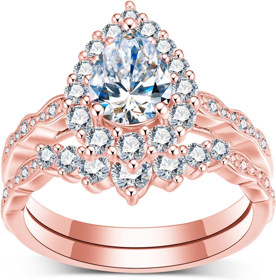 1/1.5/2CT Pear Cut Moissanite Halo Bridal Sets Wedding Rings for Women GRA Certified,Vintage Teardrop Channel Set Engagement Ring Set 10K 14K 18K Real Gold Jewelry Gift for Anniversary Wedding Free Engraved