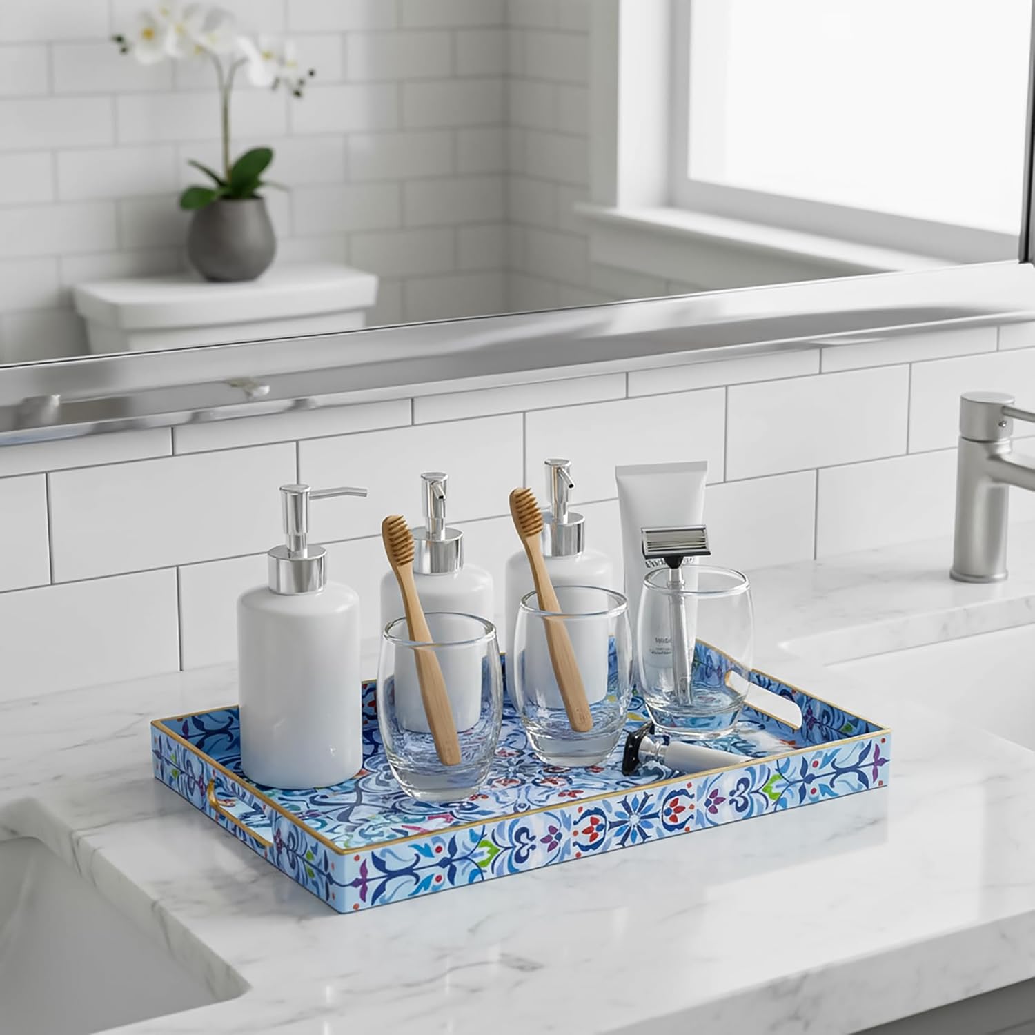 Hiceeden Set of 2 Boho Floral Serving Tray with Handles, 15.7" x 11.8" Decorative Plastic Ottoman Tray, Modern Large Coffee Table Server for Living Room, Bathroom, Kitchen, Rectangle, Blue