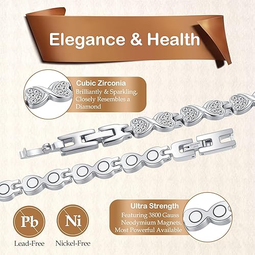 Miniatura 8 de Feraco 2 pulseras de cobre y pulseras magnéticas para mujer con 3800 imanes de terapia Gauss, pulsera magnética de acero de titanio con circonita