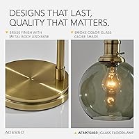 Vista 4 de Adesso Globe Smoked Glass Floor Lamp with Antique Brass Finish – 60” Tall, Compact 10.5” Wide Base
