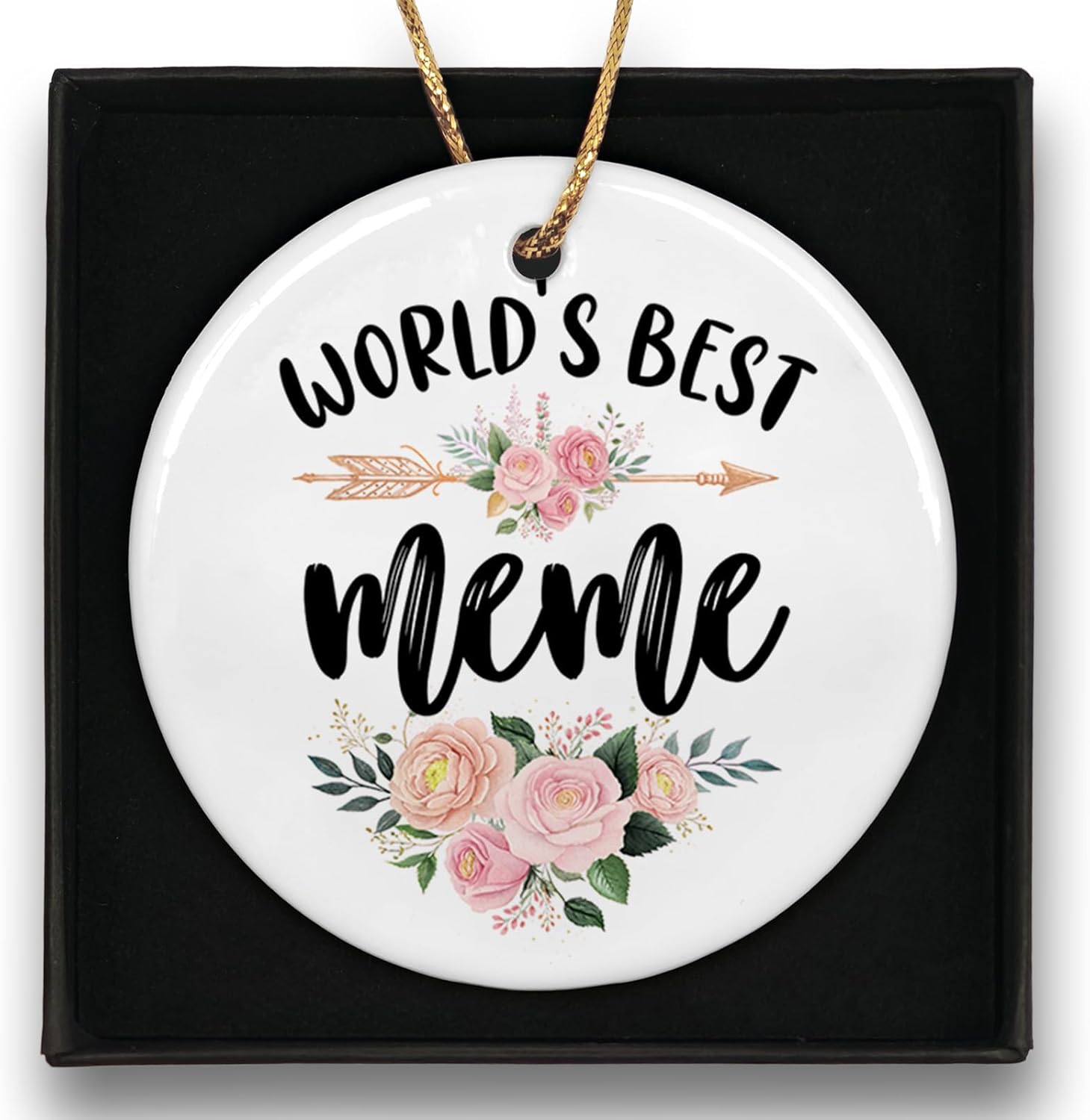 Meme Grandma Ceramic Ornaments Gifts,World's Best Meme Gifts for Grandma Christmas, Floral Hanging Round Ornament Keepsake for Tree Car, Rustic Flower Festive Holiday Decorations Decor 3in