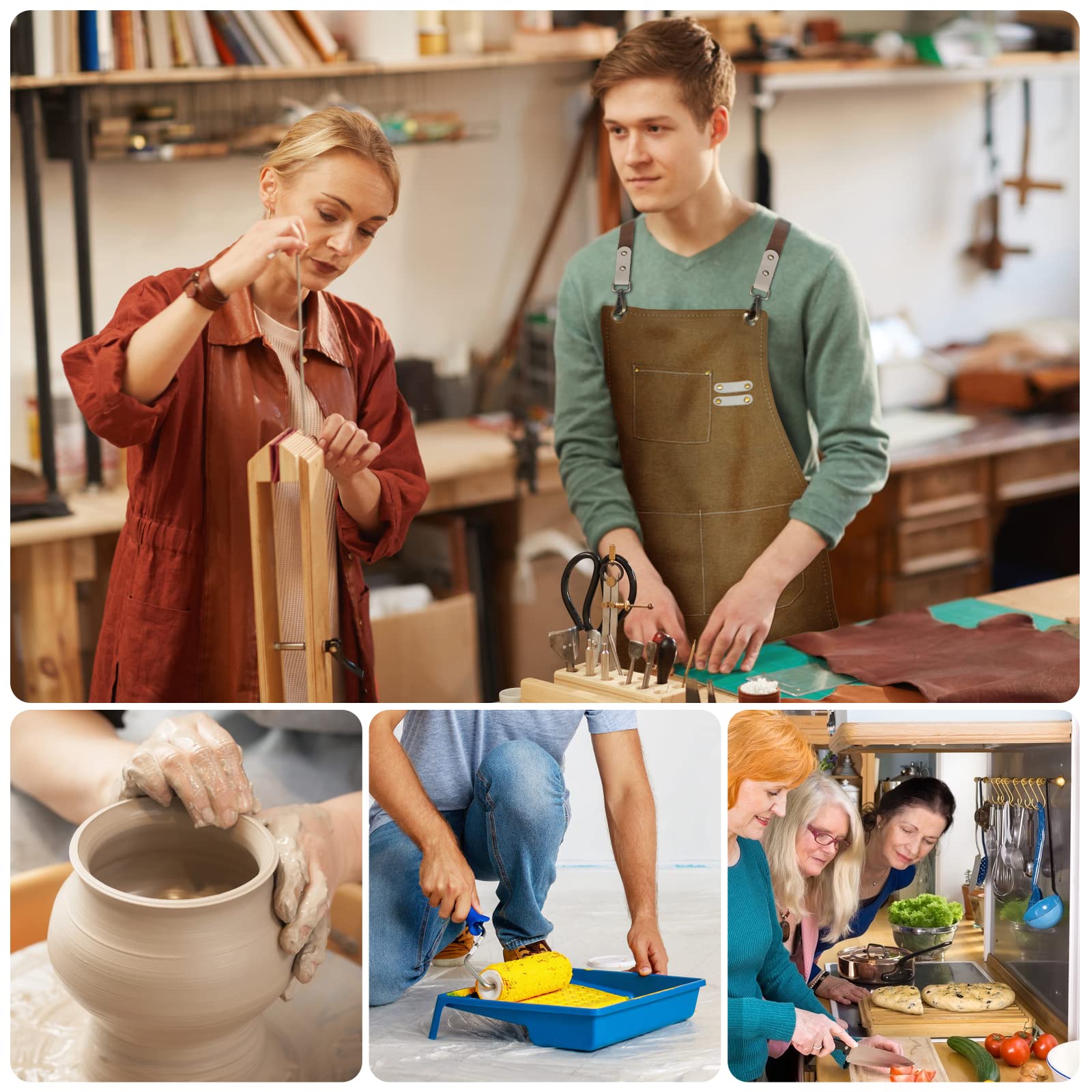 Grembiule da Lavoro, Grembiule Donna/Uomo Durevole di Tela con 3 Tasche per Falegname Tatuatore Fabbro Pittore Barista, Design a Tracolla, Adatto per Casa Lavoro Campeggio all'Aperto - Marrone
