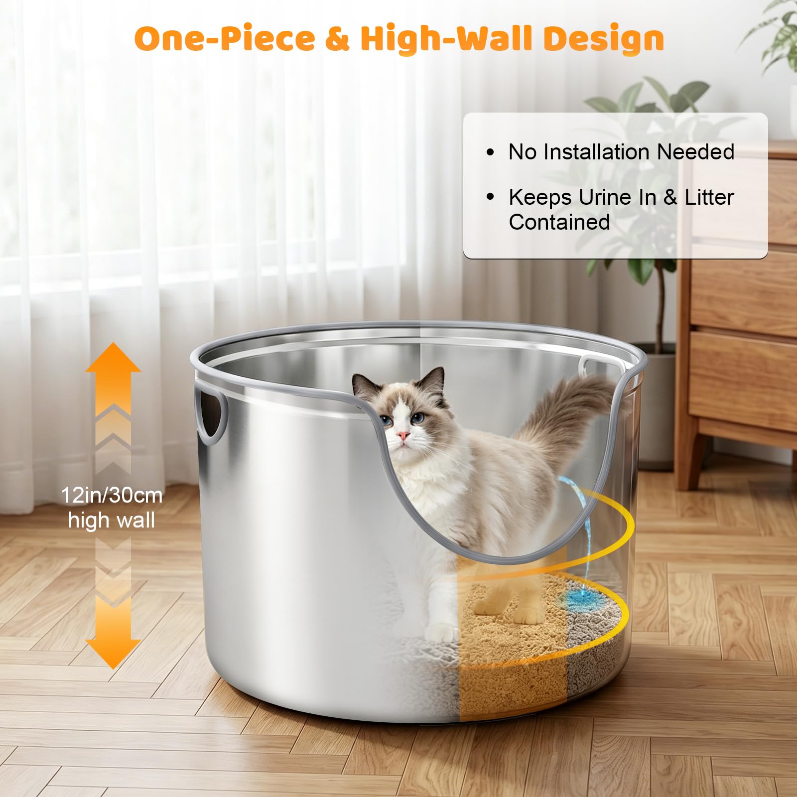 Homegroove Caja de arena redonda de acero inoxidable, caja de arena de metal de doble cara alta para gatos grandes, a prueba de fugas y fácil de limpiar, con cuchara de acero inoxidable