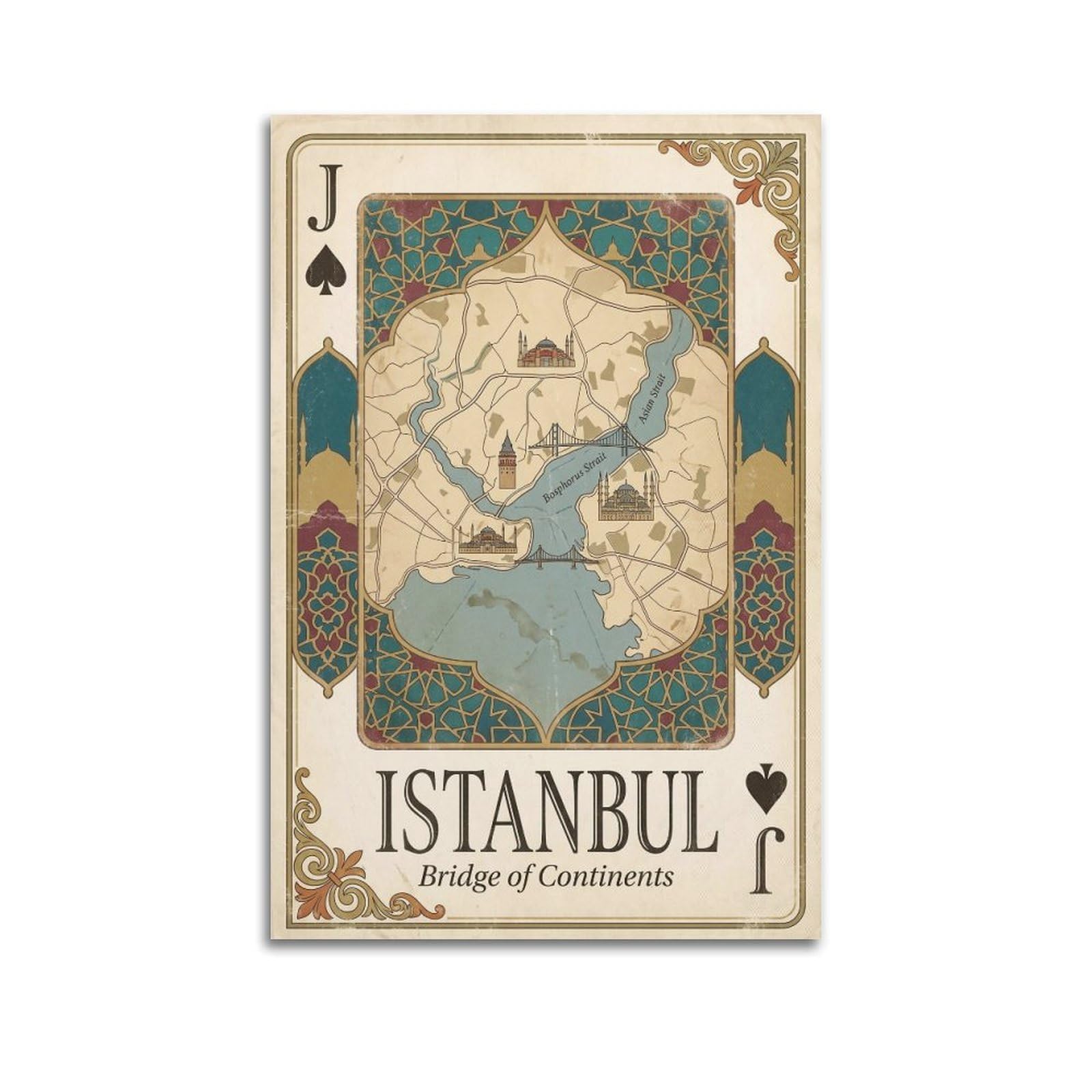 OKNGB Vintage City Map Poster Istanbul Bosphorus Playing Card Style Decorative Painting Canvas Art Picture 24x36inch(60x90cm)