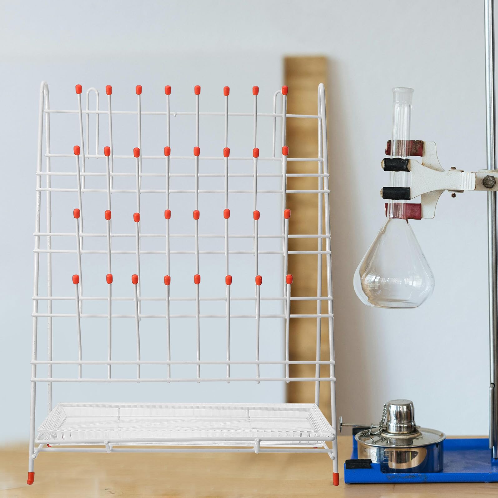 Estante de Secado de Laboratorio de 32 Clavijas, Rejilla de Drenaje Revestimiento de Hierro, Soporte para Tubos de Ensayo y Botellas, Escurridor Compacto para Material Científico