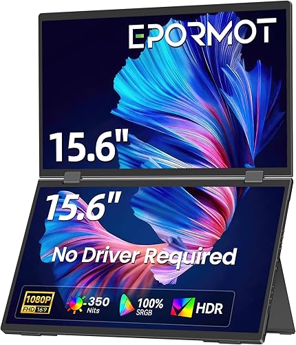 Monitor portátil de pantalla dual de 15.6 pulgadas, 350 Nits 1200:1 FHD IPS, pantalla extendida sin costuras, conexión para dos dispositivos, tipo