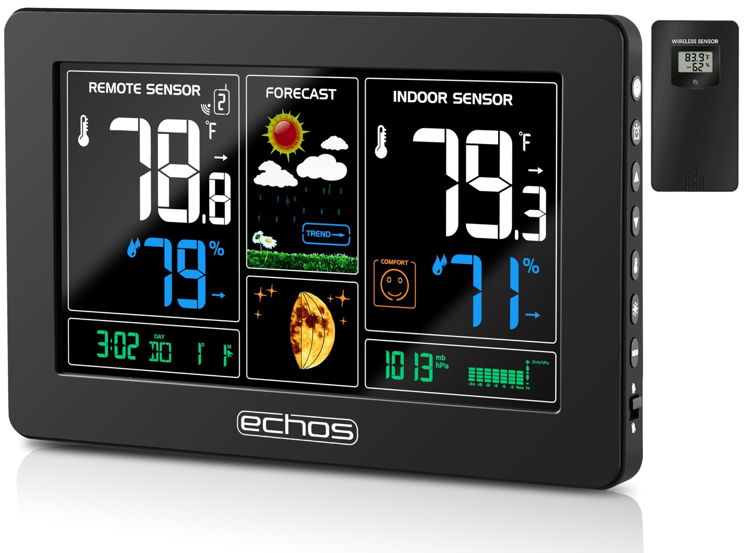 Funk Wetterstation | Farbdisplay | Alarm | Wettervohersage | Anzeige der Innen- und Außentemperatur| Hygrometer | Thermometer | Wetterstation | Wecker | Wetter Station | Weather Station