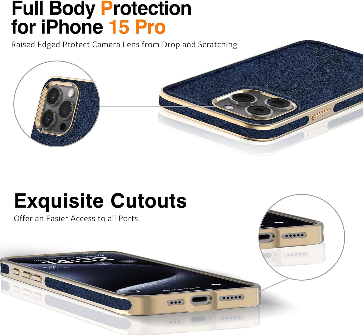 LOHASIC for iPhone 15 Pro Case Leather – Elegant Luxury Soft Chrome Edge Cover, Minimalist Classic Business Designer i Phone 15 Pro Case for Men Women, Navy Blue - Image 3