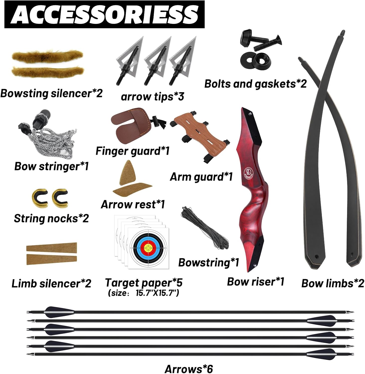 60'' Archery Longbow Set for Adults Hunting Competition Longbow with 6 Carbon Arrows 3 Broadheads for Shooting Takedown Bow Kit