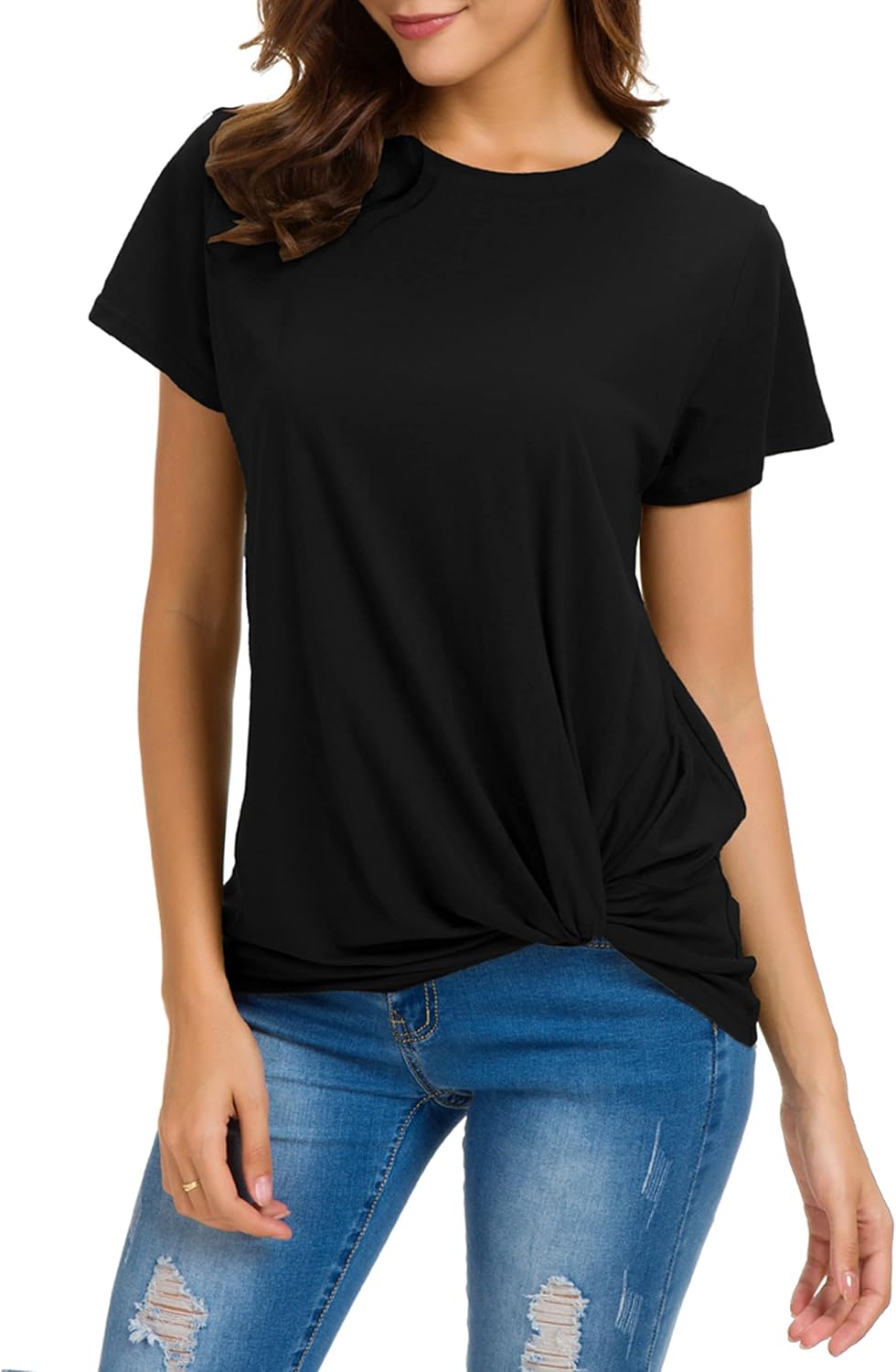 MSHING Women's Casual Round Neck Short Sleeve Tie Up T-Shirt Blouse Comfortable Cotton Basic Tops - Image 4