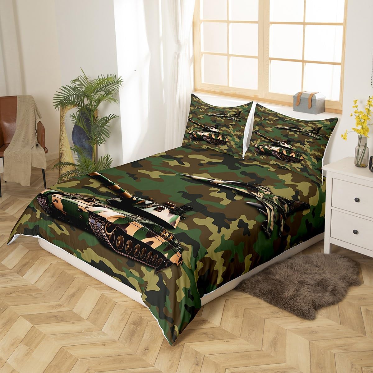 Aircraft Duvet Cover Set Double Size, Army Camo Tank Airplane Comforter Cover with 2 Pillowcases - Image 2