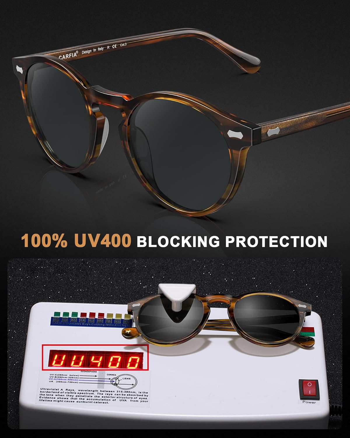 CARFIA Retro Polarized Sunglasses for Men UV400 Protection Handmade Acetate Round Frame CA5288L - Image 7
