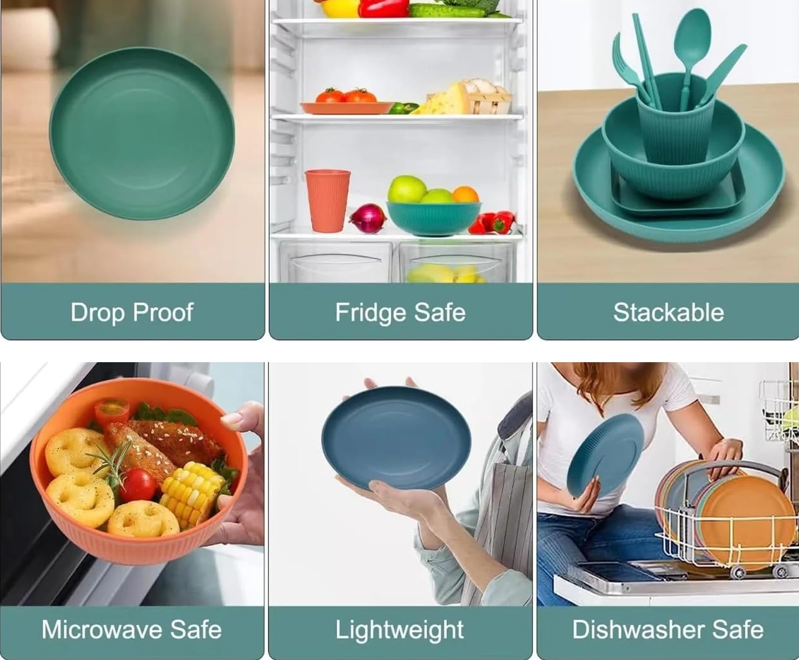 Ensemble de Vaisselle en Plastique Réutilisable pour 4 Personnes, 48 Pièces Incassables pour Camping, Pique-Nique et Fête, Assiettes, Bols, Verres et Couverts Durables