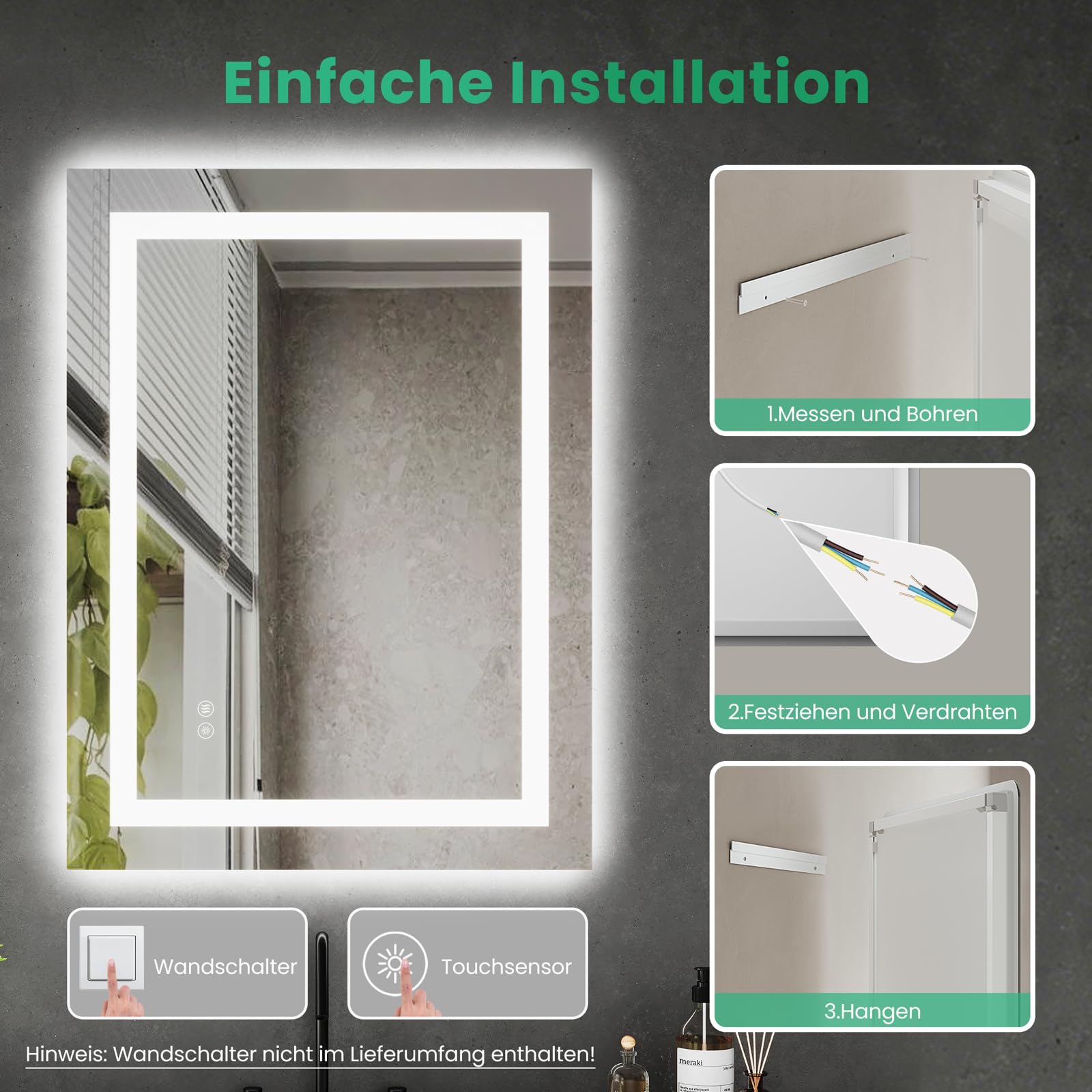 Cozynest Badezimmerspiegel mit Beleuchtung 80x60cm Badspiegel LED Spiegel