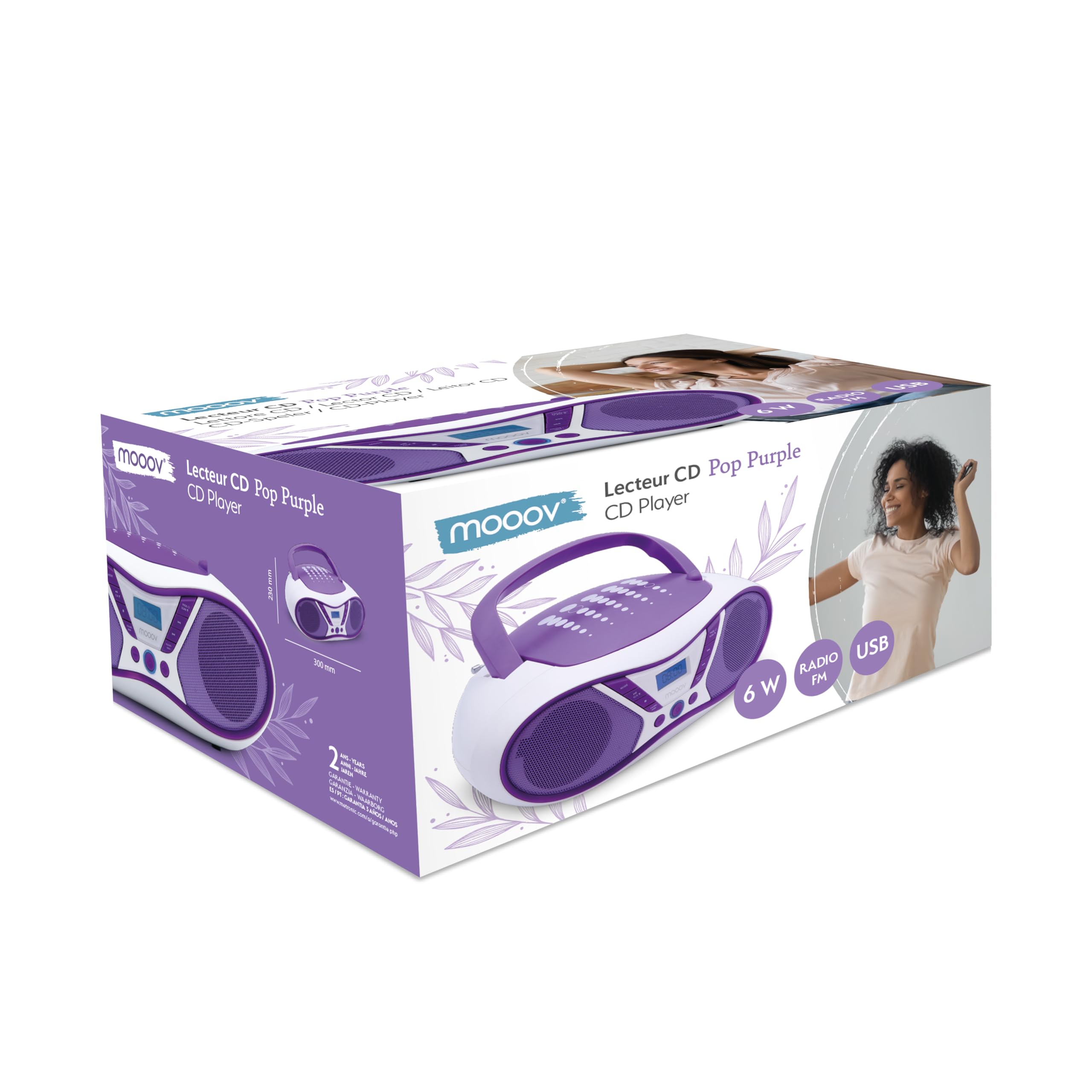 MOOOV 477404 Tragbarer CD-Player mit Radio, USB, Lautsprecher - Mini Kofferradio für Kinder & Senioren, Retro Design, MP3 - Ideal für Küche & Kinderzimmer - Netzbetrieb oder Batterien - Lila