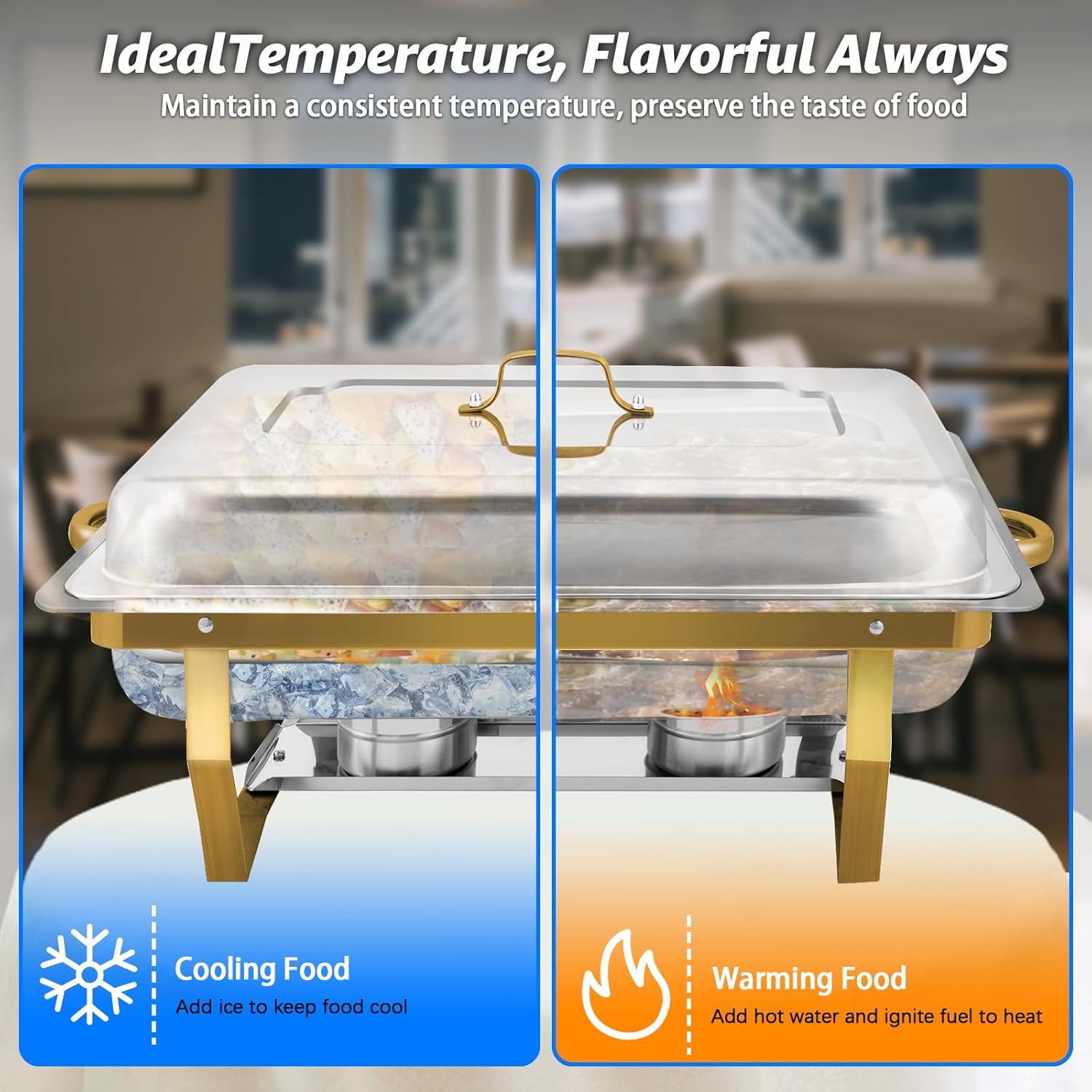 Chafing Dishes for Buffet, 9QT 5 Pack Chafing Dish Buffet Set, Stainless Steel Catering Warmer Server with 5 Full Size Pans for Home Party Wedding Buffets, Gold