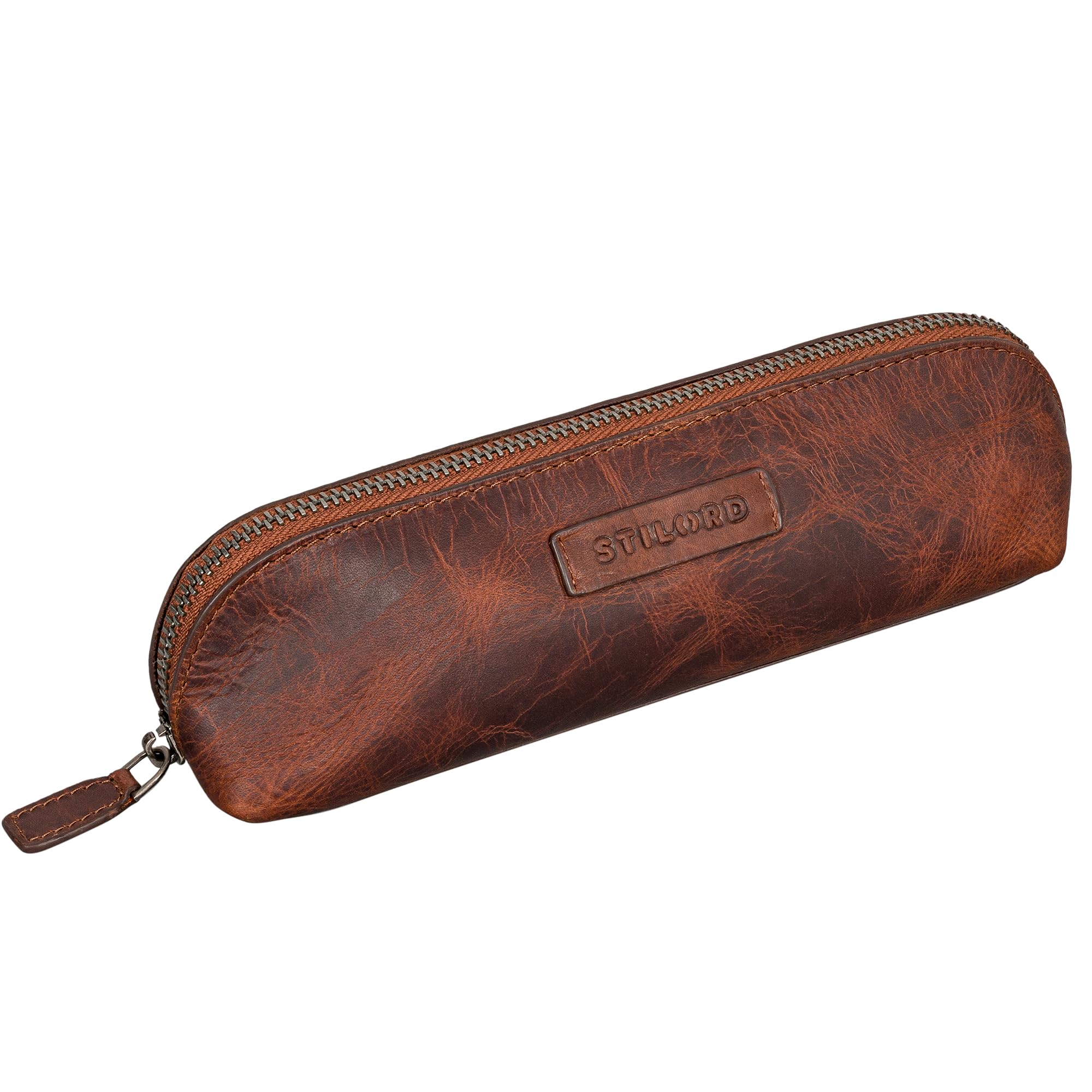 STILORD 'Alfons' Vintage Leather Pencil Case with Zip Pen Bag - Ambra - Coganc