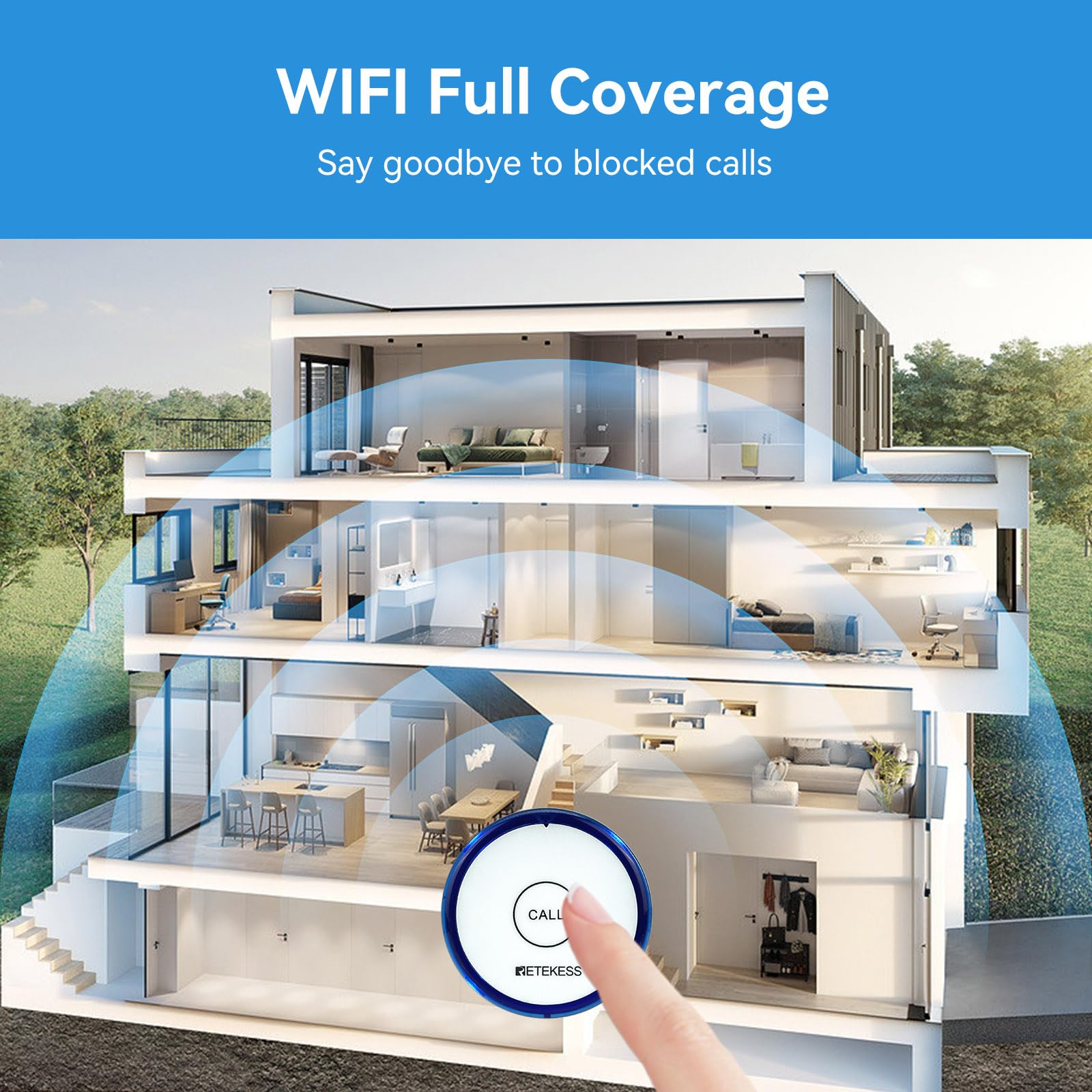 Retekess TH012 Botón de Llamada SOS Inteligente WiFi, Buscapersonas para Cuidadores, 2 Meses de Tiempo de Espera,1 Botón de Llamada para Personas Mayores, Pacientes Discapacitados