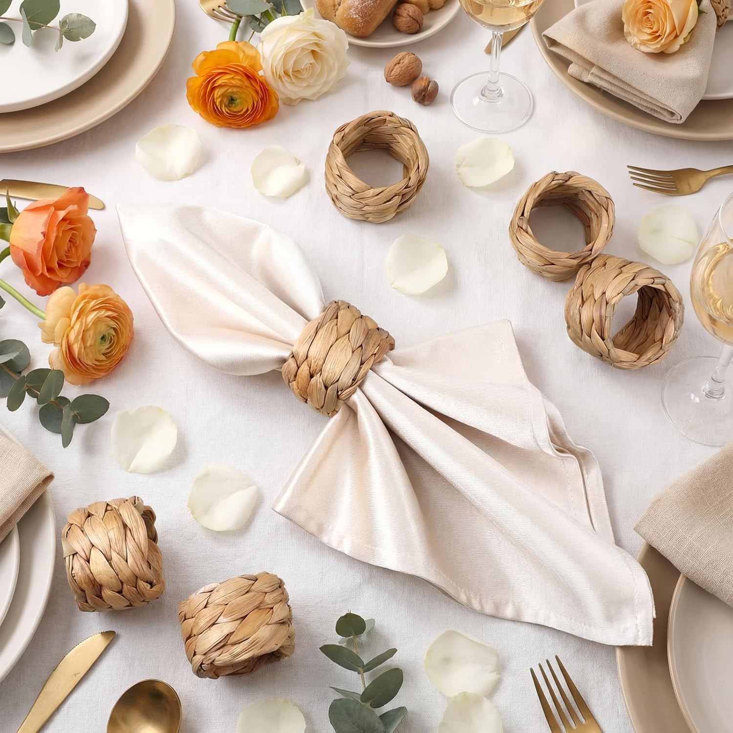 100 Pcs Woven Water Hyacinth Napkin Rings Bulk Natural Boho Farmhouse Rattan Napkin Rings Holders for Wedding, Thanksgiving, Christmas Dining Table Decoration Rustic Party Supplies