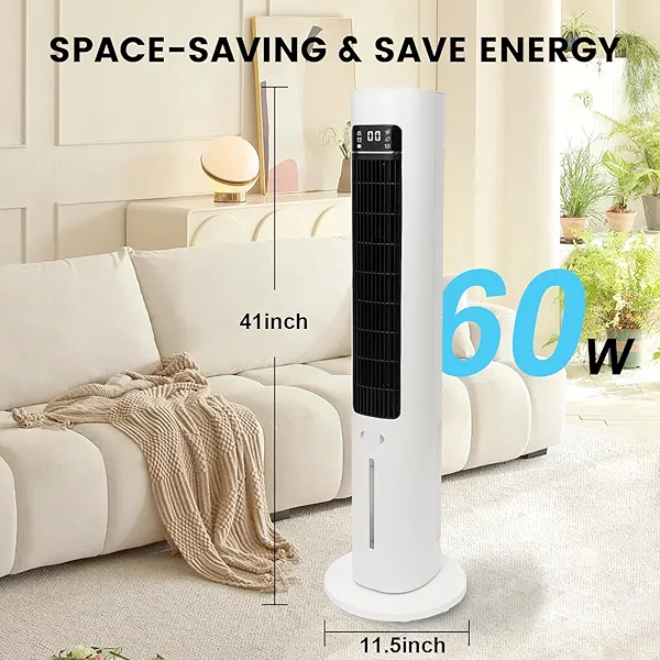 Evaporative Air Cooler 41" with Remote, Tower Fan for Bedroom Office, Portable Air Conditionerswith 3 Speeds, 70° Oscillating Bladeless Swamp Cooler, Ice Pack, 12H Timer, Removable Water Tank