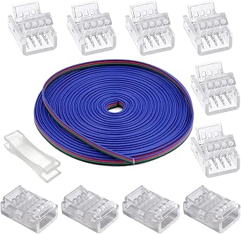 GTIWUNG LED Strip Light Connector Kit 4Pin, 5M Extension Cable, 4Pin LED Strip Light Connector, Gapless Connector, 10mm Strip-Wire Quick Connect for SMD 5050 3528 2835 RGB Strip Light
